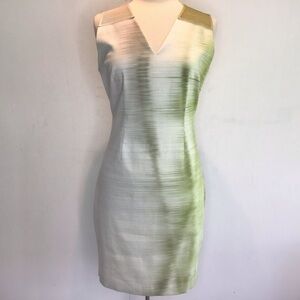 Elie Tahari v neck sleeveless mesh shoulder watercolor print sheath Dres…